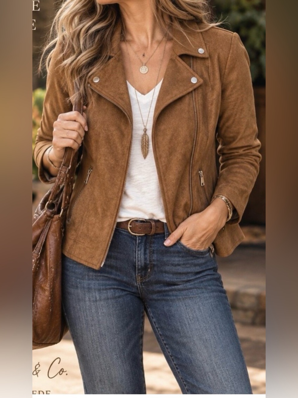 Style & Co Faux Suede Moto Jacket - Brown